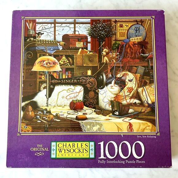 Vintage 1998 Sew, Sew Relaxing Charles Wysocki 1000 Piece Cat Puzzle - Complete - Picture 1 of 9